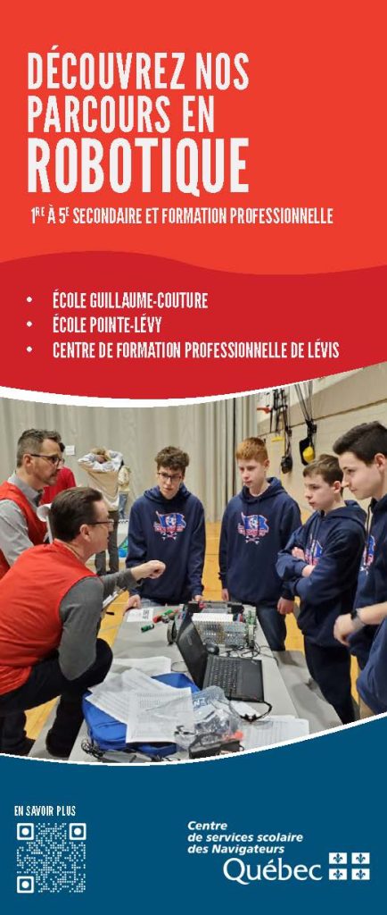 Dépliant « Tous les parcours en robotique au centre de services scolaire des Navigateurs (secondaire et formation professionnelle) »